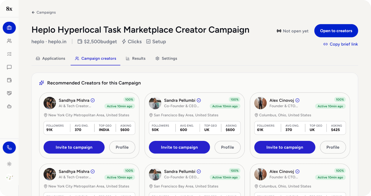 8x campaign creators screen