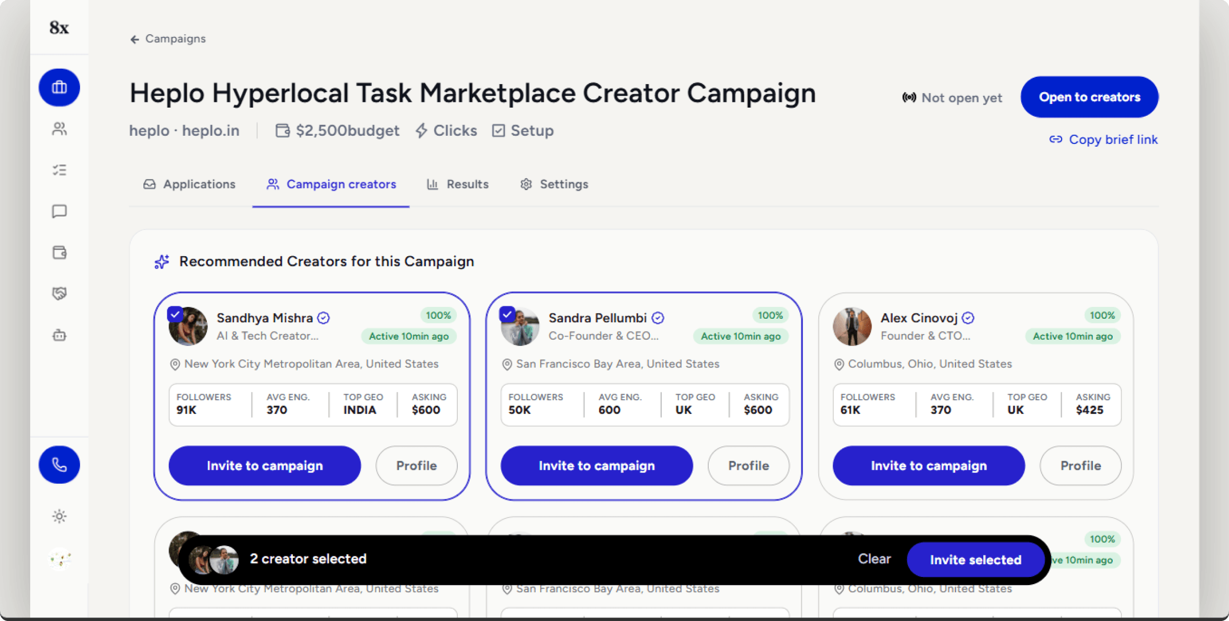 Two creator cards selected with a bulk action bar
